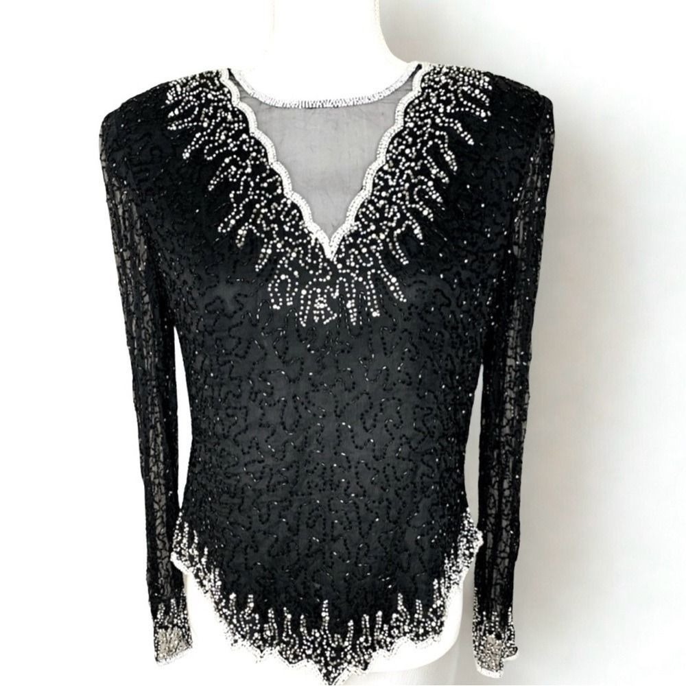 NWT Chaudry Women Silk Beaded Evening Top Blouse Size Medium‎